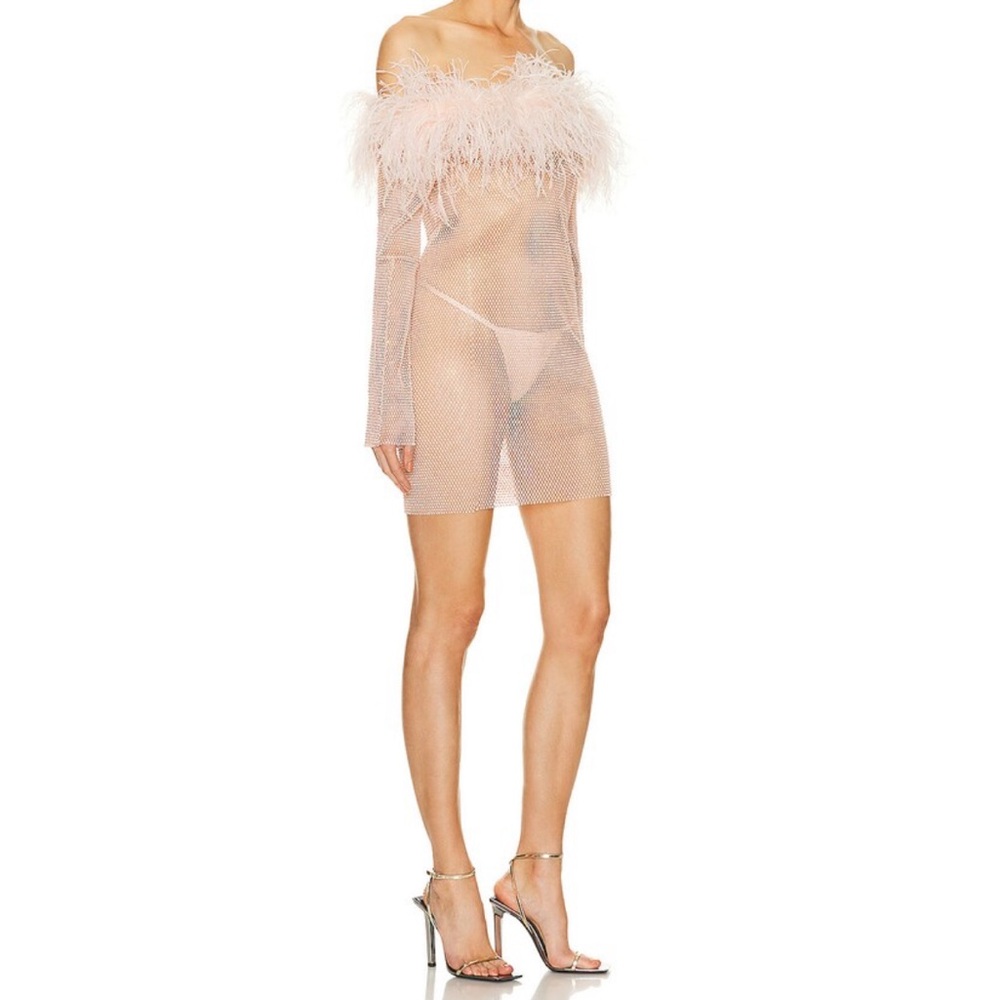 Elegant Feathered Crystal Dress - Pink